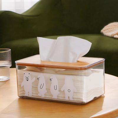 China Cute Modern Office Desk Fancy Organizer Transparent Tissue Holder Tissue Paper Plastic Box with Wooden Cover for sale