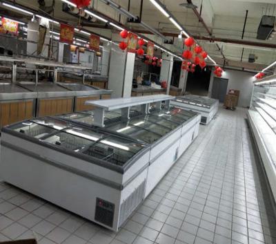 China Single-temperature frozen meat and fish display used glass door deep island freezer for supermarket for sale