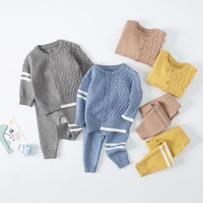 China Factory Wholesale Newborn Boy Cute Clothes Anti Shrink Baby Long Sleeve Solid Knitted Cardigan Tops And Pants Fall Winter Outfits Set for sale