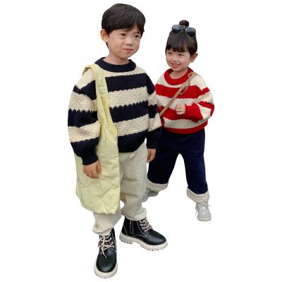 China 2021 New Fashion Anti Shrink Kids Girls Boys Wire To Knit Sweater Long Sleeve Round Collar Striped Sweatshirt Baby Cotton Pullover Sweater for sale