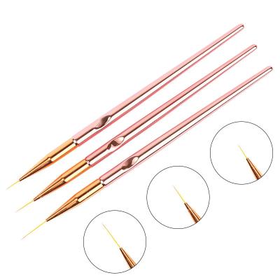 China Easy Apply Wholesale Good Quality 3pcs/set Rose Gold Nail Art Line Painting Brushes With Metal Handle For DIY Drawing Pen for sale