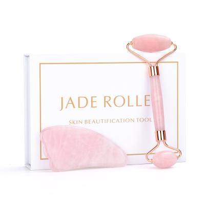 China Double Head Rose Quartz Jade Roller Face Slimming Massager Natural Face Lifting Skin Care Beauty Set Box Jade Stone Facial Massage Roller for sale