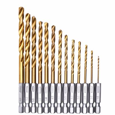 China HSS Wood PC High Speed ​​Steel Titanium Coated Drill Bit 13 Drill Bit Set 1/4 Hex Shank 1.5-6.5mm Twist Drill Bit for sale