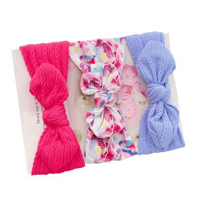 China Hair Accessories 3 Piece Fashion Baby Fabric Bow Print Jacquard Headband Bunny Ear Headband Set Per Headbands for sale