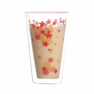 China Solhui Cherry Blossoms Double Wall Shot Water Cup Coffee Glass Sustainable Handmade Glass Heat Resistant Drinkware Mugs Healthy for sale