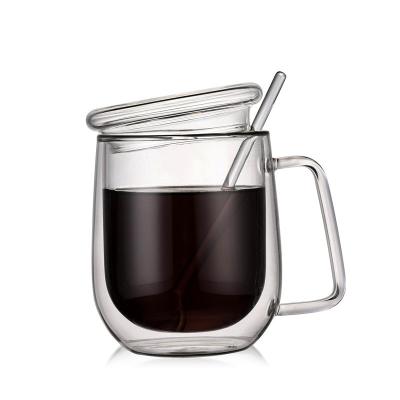 China Sustainable Food Grade Glass Coffee Mug With Handle And Lid Heat Resistant Mug Double Wall for sale