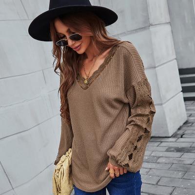 China Anti-Wrinkle Stylish Hollow Lace Up Women's Sweaters Off Shoulder Lantern Sleeve Pullovers Tops Female 2021 New Autumn Winter Ladies Sweater for sale