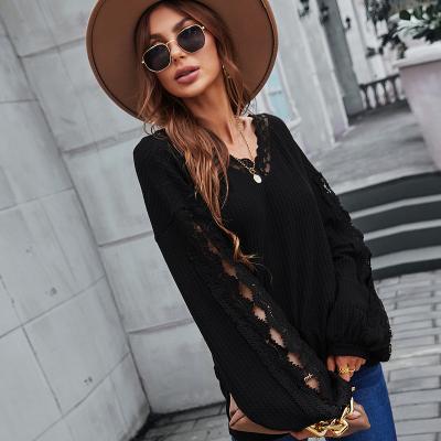 China Anti-Wrinkle Stylish Hollow Lace Up Women's Sweaters Off Shoulder Lantern Sleeve Pullovers Tops Female 2021 New Autumn Winter Ladies Sweater for sale