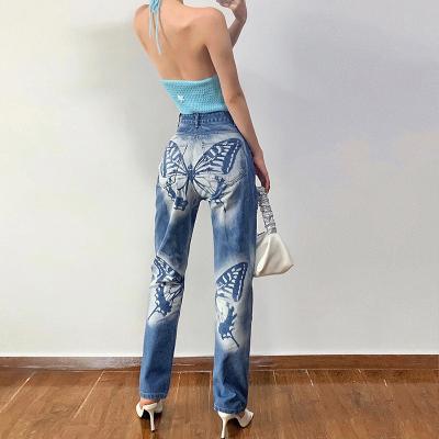 China QUICK DRY superior high quality straight denim vintage leg jeans women sale high waist mom washed breathable butterfly print denim pants for sale