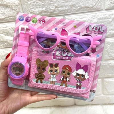 China Chronograph For Boys Girls Gift Sets Fashion Cartoon Princess Kids LED Watch Wallet Glass Wristwatches For Kids Cartoon Watch Set for sale