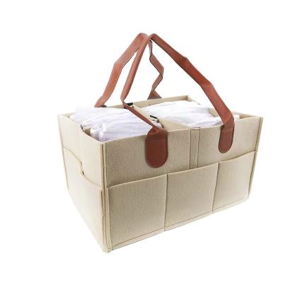 China With USB Manufacturer Sells Mommy Organizer Diaper Bag Baby Diaper Caddy Bag Handle Folding Custom Felt Leather Baby Care Container for sale