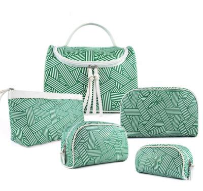 China Fashion High Quality Green Stripe PU Leather Cosmetic Bag Set 5 Piece Makeup Vanity Bag Cosmetic Toiletry Bag For Women Lady for sale