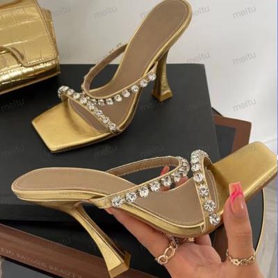 China 2022 Summer New Place Toe Open Toe Rhinestone Word Fashion Trend With High Heel Sandals Wine Glass And Slippers for sale