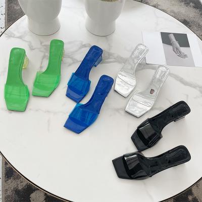 China Fashion Trend 2022 PVC Chunky Fresh Green Middle Heel Sandals Spring Solid Color Outdoor Slippers for sale