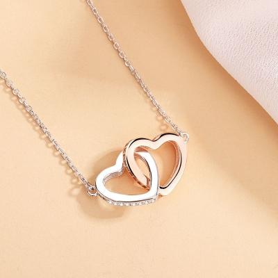 China Durable Diamond Pendant Necklace S925 Sterling Silver Double Heart Interlocking Love Heart Necklace For Mother's Day Gift for sale