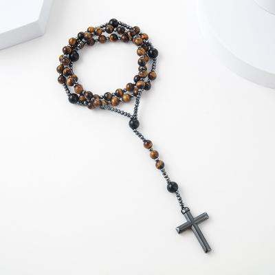 China Tiger Eye Cross Pendant Necklaces Natural Durable Spliced ​​Bead Chain Round Tigers Eye Cross Beaded Necklace For Men for sale