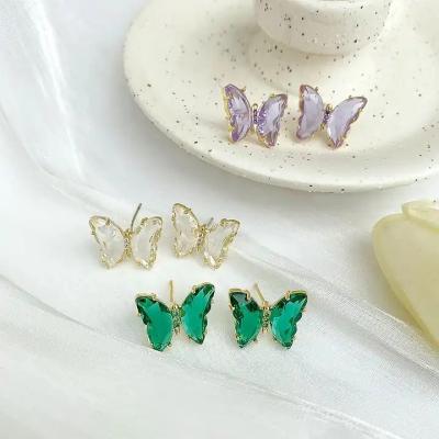 China TRENDY Crystal Butterfly Stud Earrings For Women Green Korean Cute Pink Purple Jewelry Fashion Women Earring for sale