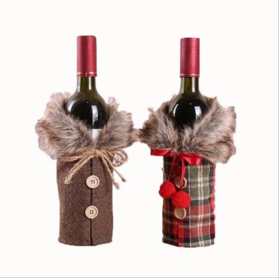 China Eco-friendly Christmas decorations European and American new wine sleeve festival decoration props bow fur collar wine bottle cover canvas spo for sale