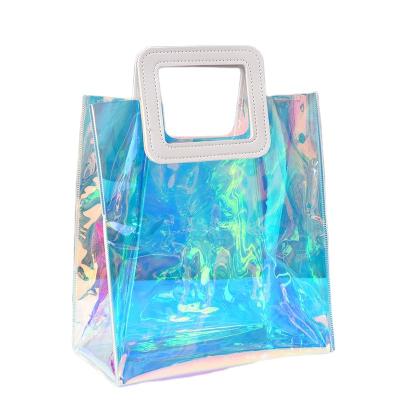 China 1mm Thickness 1mm Thickness Holographic Clear Handled PVC Tote Bag Fashion Iridescent Everyday Waterproof Handbags For Work Shopping Beach Stage for sale