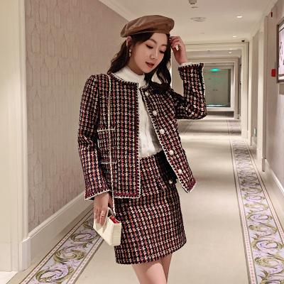 China 2021 fashion outfit female tweed coat and dress skirts autumn new waterproof wholesale tweed two-piece set for sale