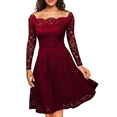 China Women's Vintage Lace Evening Dress Anti-static Boat Neck Floral Cocktail Wedding Party Night Long Sleeve Long Sleeve for sale