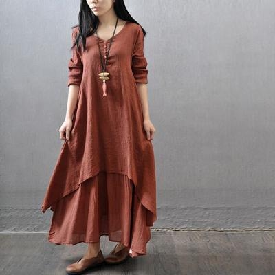 China Anti-Static Asymmetric Shedding Women Long Maxi Long Sleeve Cotton Canvas Dress for sale