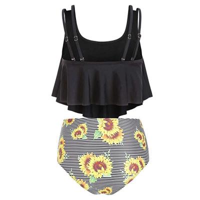 China Women Sunflower Stripe Two Piece Thrown Print Plus Size Anti-UV Swimsuit Top Retro Plus Size Bikini Set for sale