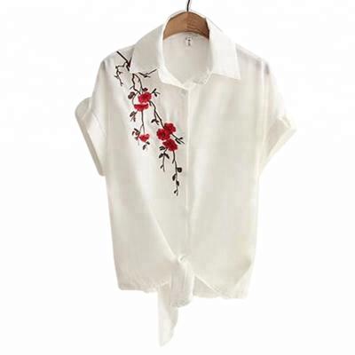 China Anti-pilling Summer Ladies Blouse Shirts Women Embroidery Short Sleeve White Blouse Tops for sale