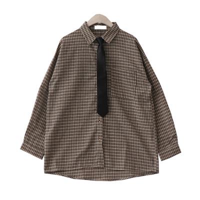 China Japanese original loose vintage small sufeng check anti-pilling shirt new preppy shirt with tie for sale