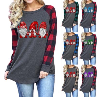 China FANMEIFEI 2021 Christmas T-shirts women's anti-pilling tops plaid Christmas printed pattern round neck casual long sleeve shirts for women for sale