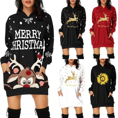 China FANMEIFEI 2021 Breathable Christmas Hoodies Women Sleeve Long Christmas Dress Xmas Printed Pocket Straight Women's Hoodies Dress for sale