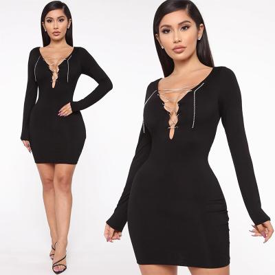 China 2020 Viable Women's Deep Chain Strap Solid Color Mini Bodycon Dresses Long Sleeve V-Neckline CIS Style for sale