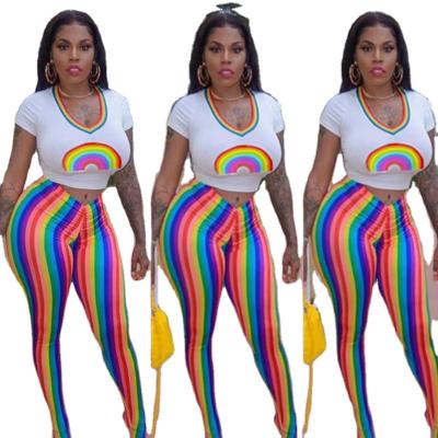 China 2020 Viable Hot Sale Women's Rainbow Print Short Sleeve Tops And Colorful Striped Long Pants Two Piece Suit for sale