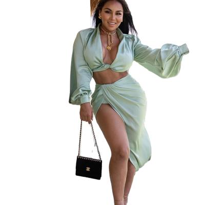 China 2020 Hot Style Women's Breathable Satin Long Sleeve Blouse Split Long Skirt Two-piece Suit for sale