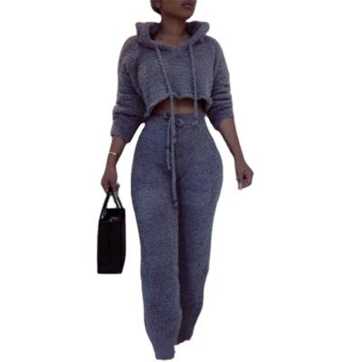 China New Arrivals Women's Fashion Plush Breathable Casual Long Sleeve Short Hooded Sweater Pants Two-piece Suit for sale