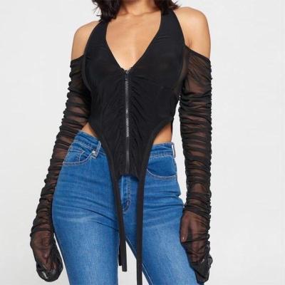 China Autumn New V-Neck Halter Sheer Shoulder Lace-up Backless Mesh Viable Long Sleeve Blouse for sale