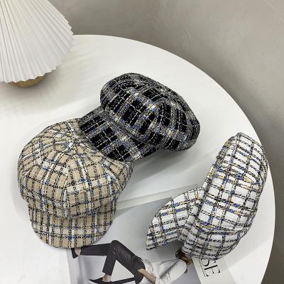 China New Checked Retro Style Peaked Hat Flat Surface Breathable Adjustable Cotton Beret Hat Shopping Canvas Wear for sale