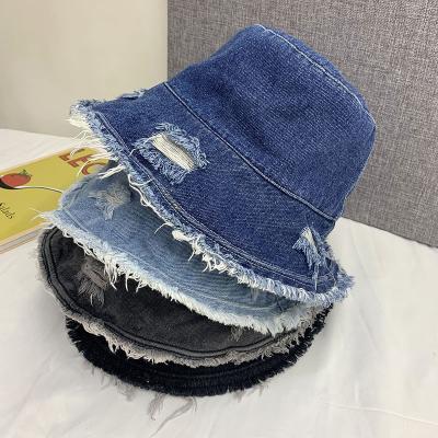 China Barred Bucket Hat Women Harajuku Style Swept Denim Bucket Hat Spring And Foldable Summer Going Out Leisure Sun Hat for sale