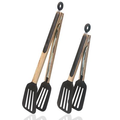 China Sustainable Buffet Serving Tongs Stainless Steel BBQ Cooking Grilling Locking Food Tong With Wooden Liner for sale