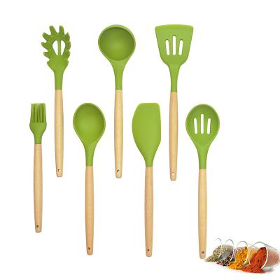 China Sustainable 7 PCS Heat Resistant Kitchen Tools Rubber Wood Handle Silicone Kitchen Utensil Set for sale