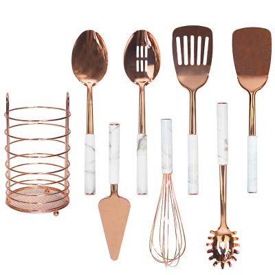 China Sustainable Stainless Steel 8-Piece Kitchen Utensil Set Rose Gold Painting With Marble Handle And Rose Gold Utensil Rack for sale