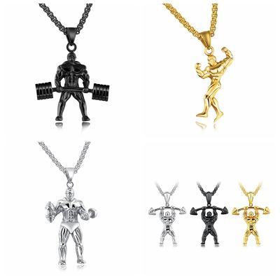 China Trendy Men's Fashion Jewelry Sport Product Gold Color Fitness Gym Series Stainless Steel Black Pendant Necklace for sale