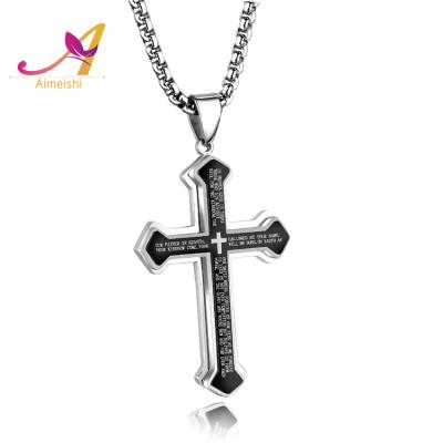 China Fashionable Newcomer Style Men's Simple Stainless Steel Personality Engrave Jesus Bible Cross Pendant Necklace for sale