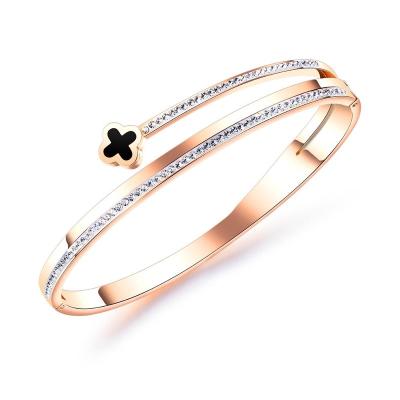 China New daily life design woman inlay zircon rose gold Korea stainless steel four leaf clover bracelet or bangle for sale