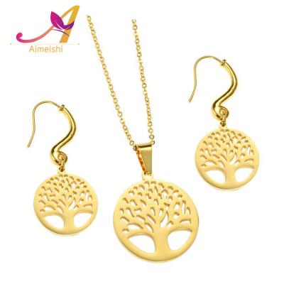 China BOHEMIA Italian Stainless Steel Dubai 18K Gold Plated Little Tree Of Life Pendant And Earrings Jewelry Set for sale