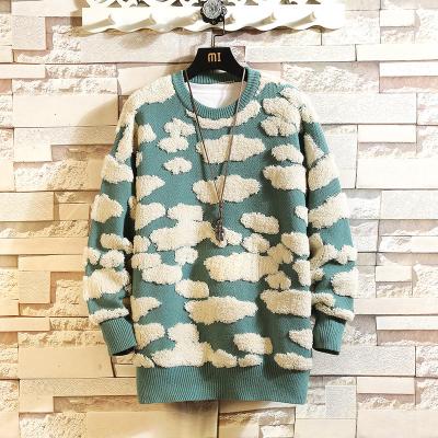 China Anti-wrinkle men long sleeve knit pullover color block embroidery print jacquard pattern cloud sweater for sale