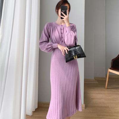 China Anti-wrinkle Women Knit Button Solid Color Gather Waist Puff Sleeve Midi Korean Style Winter Dress for sale