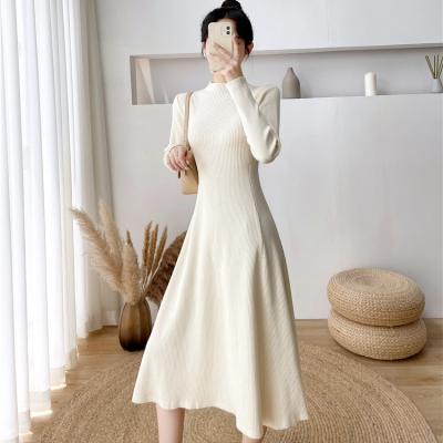 China Elegant Anti-Static Korean Winter Color Collar White High Top Knit To Gather Sweater Dress Women Waist Casual Girls' Dresses Long for sale