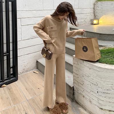 China Anti-wrinkle Winter White Half Turtle Neck Sweater Knit Comfortable Wide Leg Pants 2 Piece Women Sweater Sets for sale