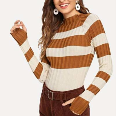 China Anti-Wrinkle Women's Knit Color Block Pattern Stripe Plain Top Collar Fit Slim Fit Half Inch Pullover Hole Sweater for sale